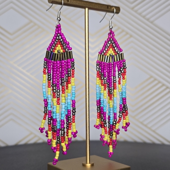 New! Long Beaded Boho Style Tassel Earrings - Picture 5 of 5